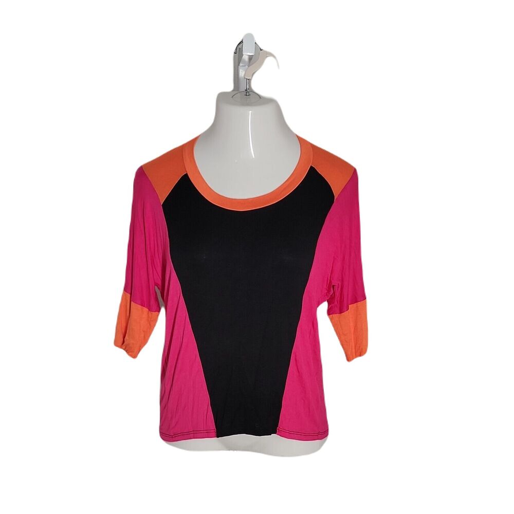 Cha Cha Vente Classy Shirt Blouse ~ Sz S ~ Orange, Pink, Black ~ 3/4 Sleeve